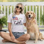 Woman with dog wears patriotic t-shirt celebrating 1776-2026.