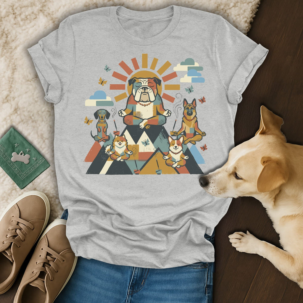 Bulldog and corgis meditating in a colorful geometric mountain landscape.