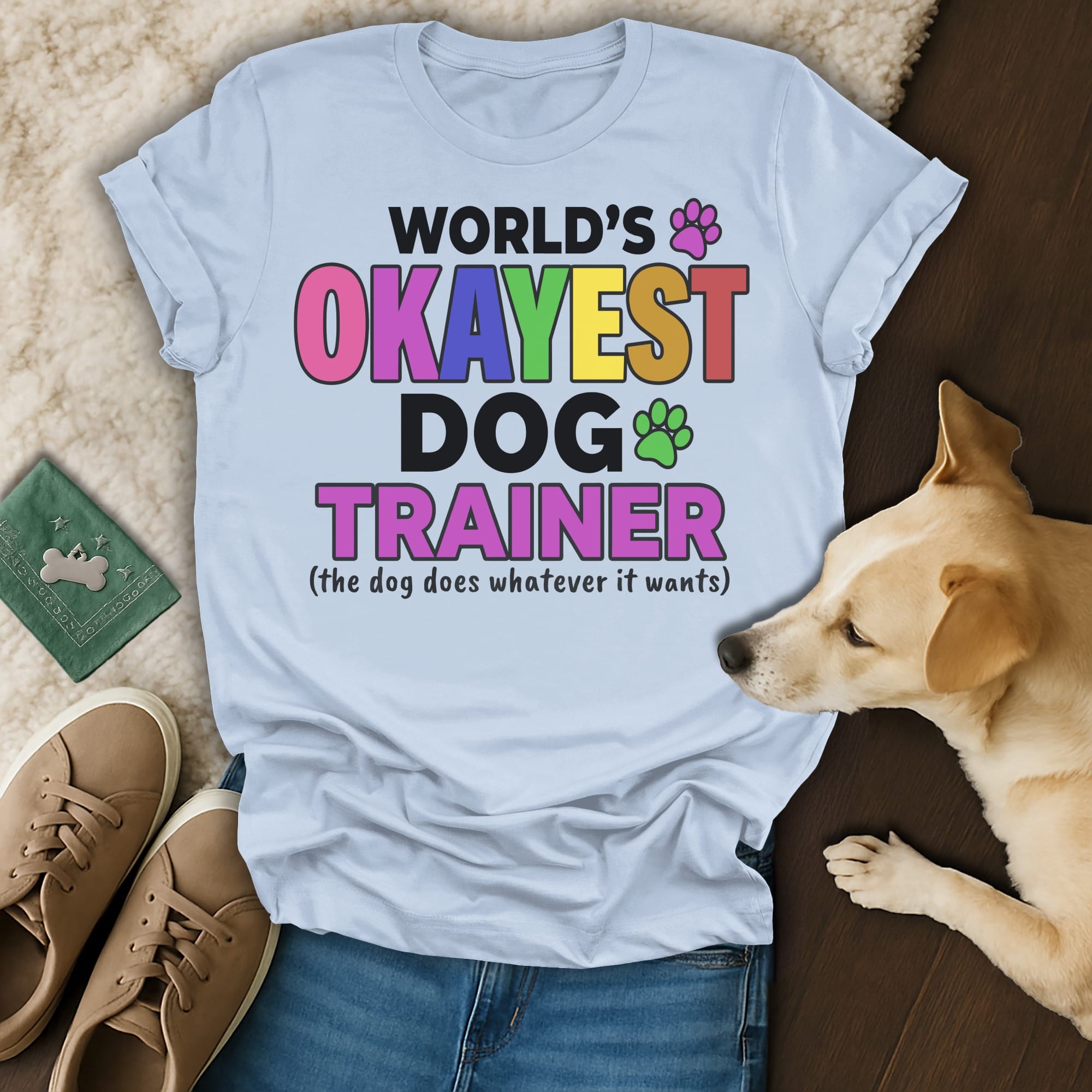 Light blue t-shirt with "World's Okayest Dog Trainer" text.