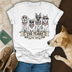 White t-shirt with dogs wearing bandanas and sunglasses, celebrating 250 years.