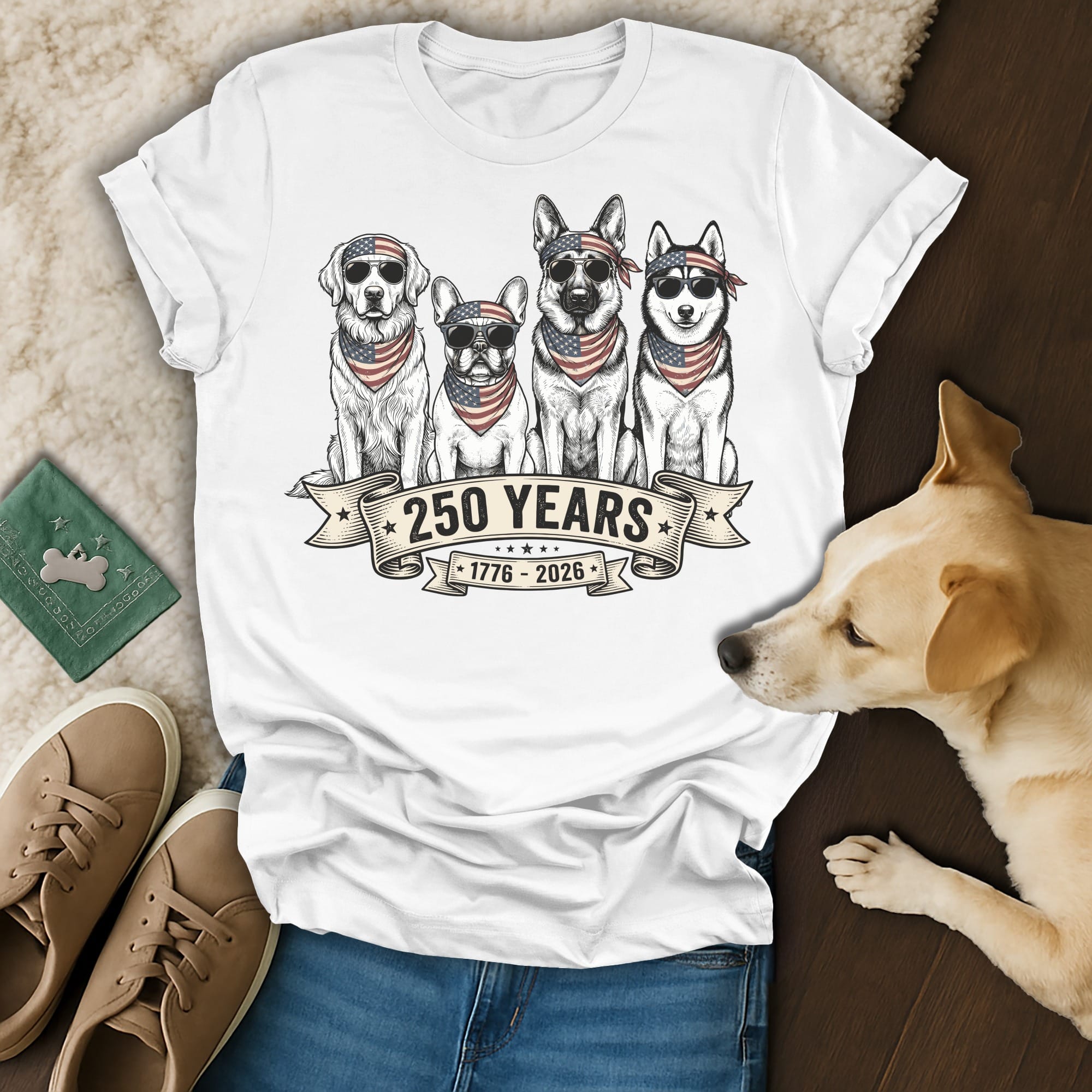 White t-shirt with dogs wearing bandanas and sunglasses, celebrating 250 years.