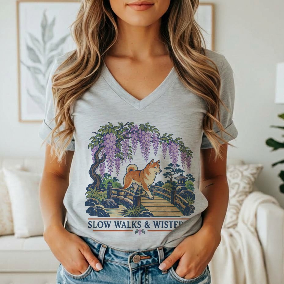 A woman wears a grey v-neck t-shirt featuring a graphic of a Shiba Inu on a bridge under wisteria blossoms, with text reading SLOW WALKS & WISTERIA.