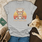 Gray t-shirt with a cartoon dog and text "Decaf? I don't know her."