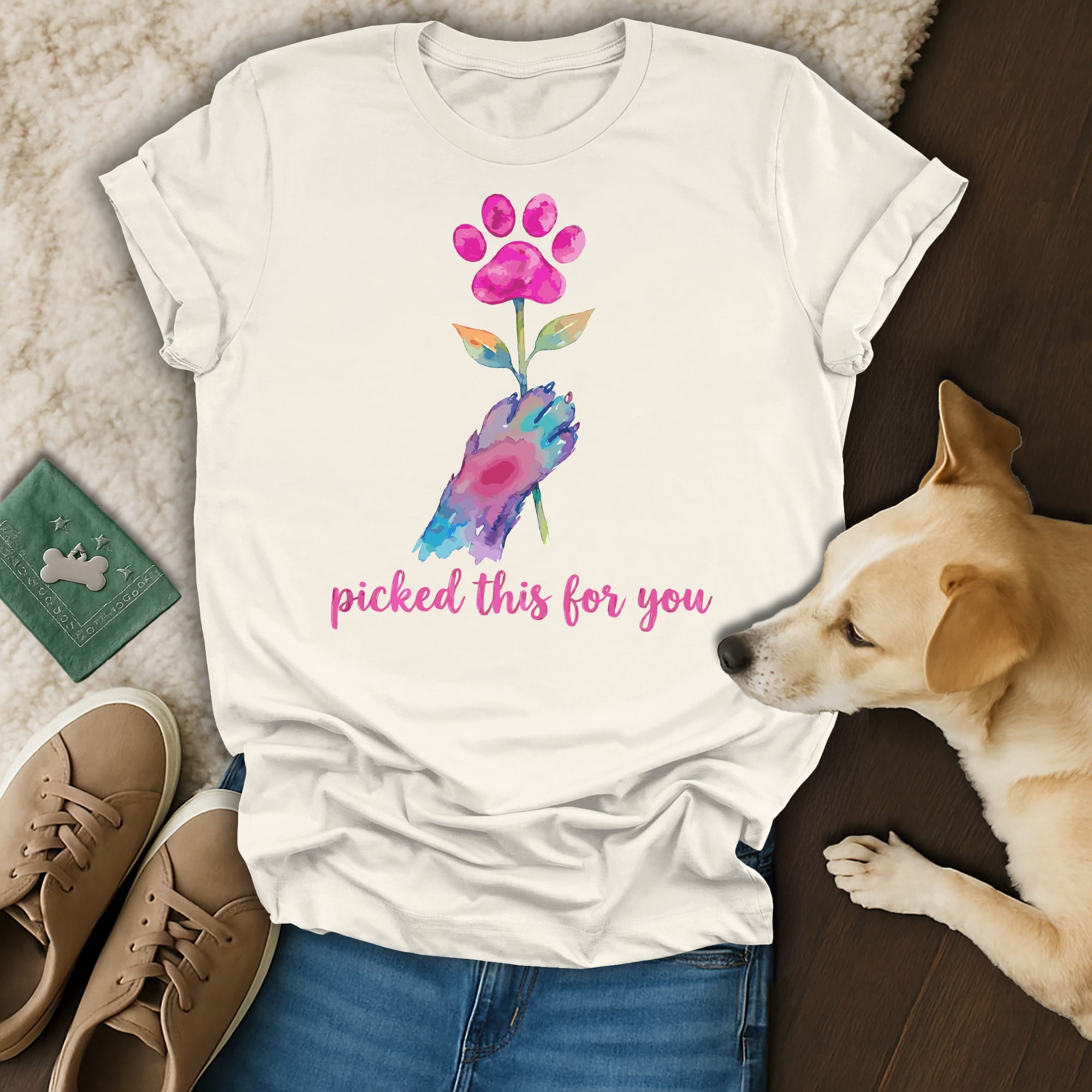 T-shirt with a watercolor paw print flower and "picked this for you" text.