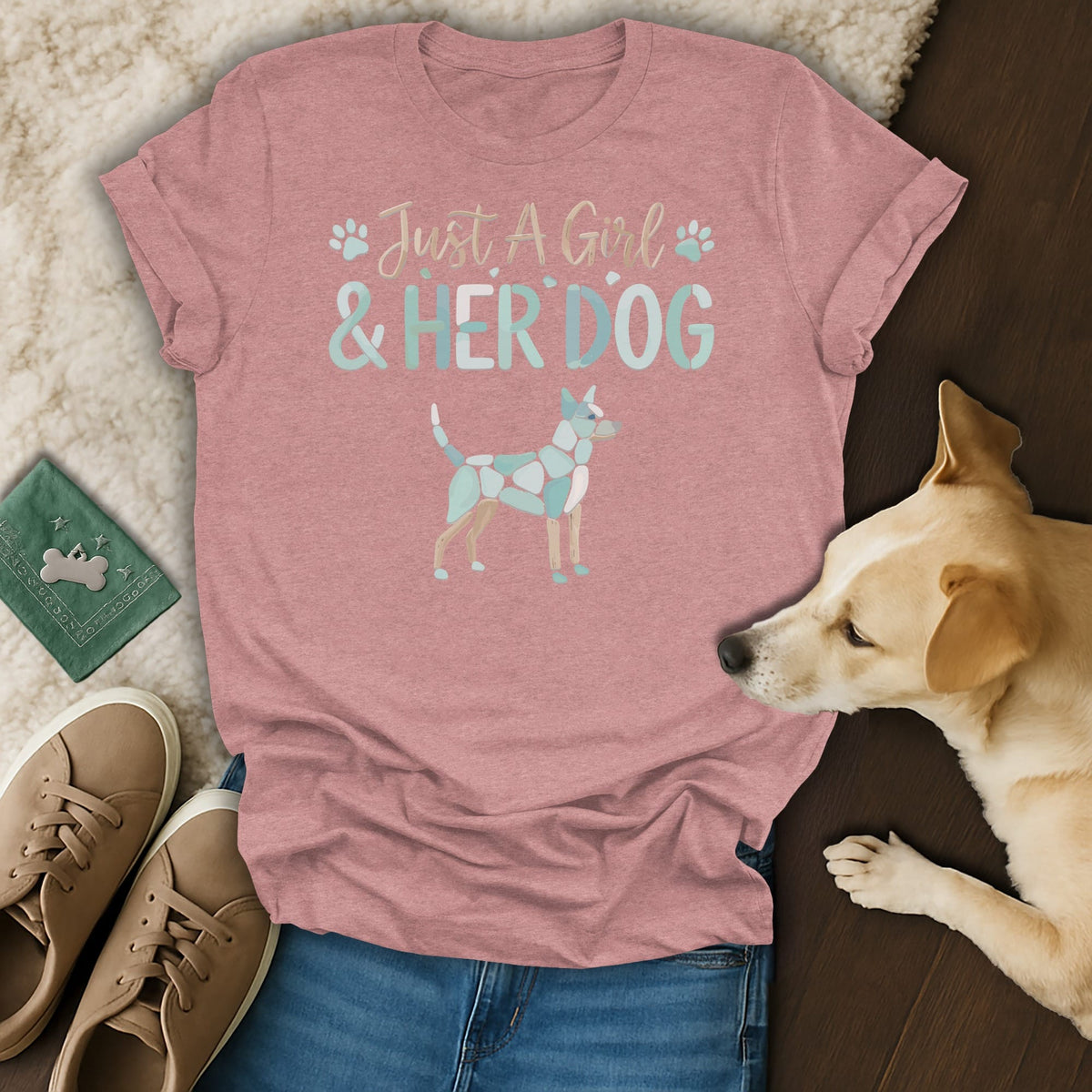 Pink t-shirt with "Just A Girl & Her Dog" text and a blue dog graphic.