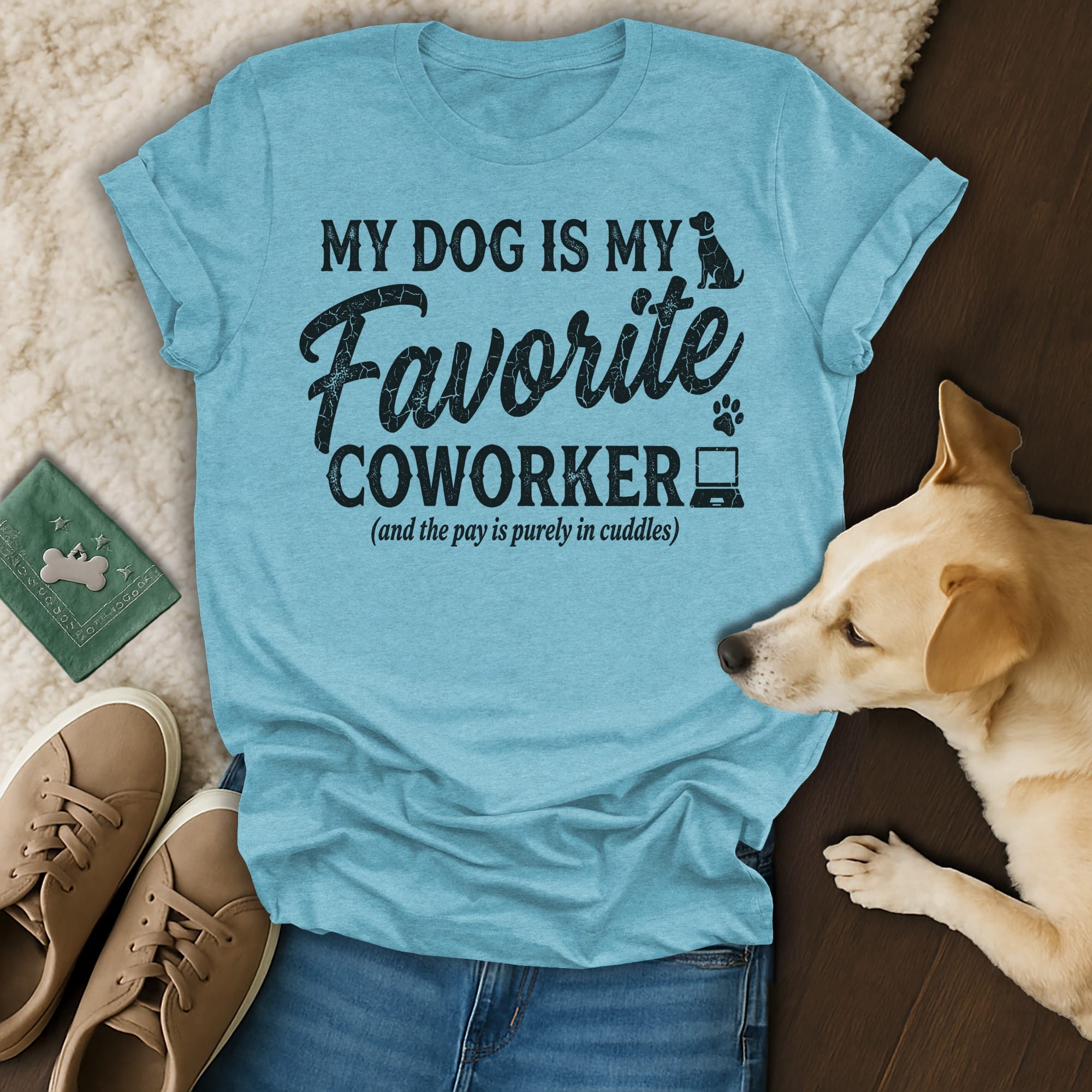 Light blue t-shirt with "My Dog Is My Favorite Coworker" text and dog paw graphic.