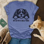 Blue t-shirt with a dog's face and the text "MY CO-PAY IS BELLY RUBS".