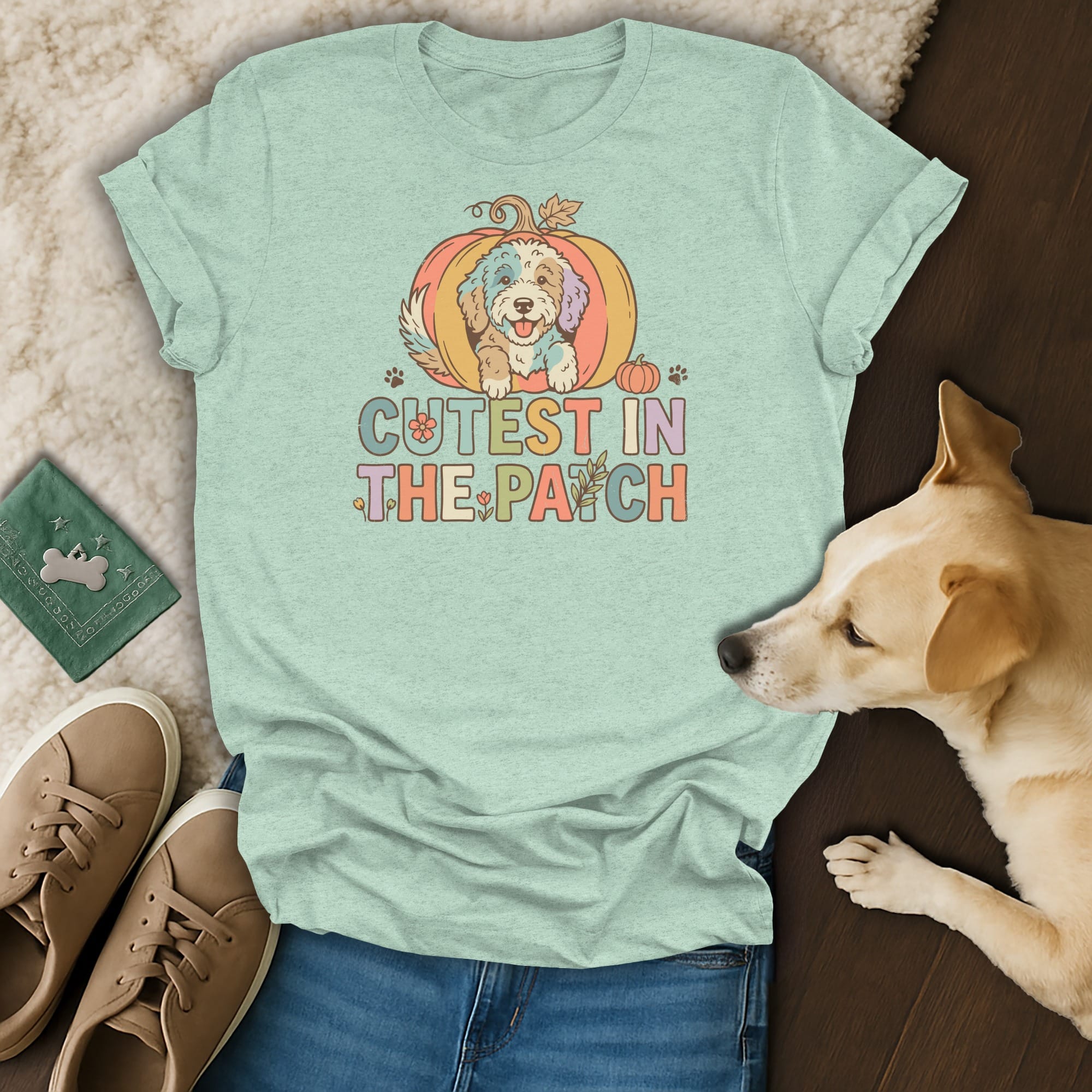 T-shirt with a cartoon dog in a pumpkin and "Cutest in the Patch" text.