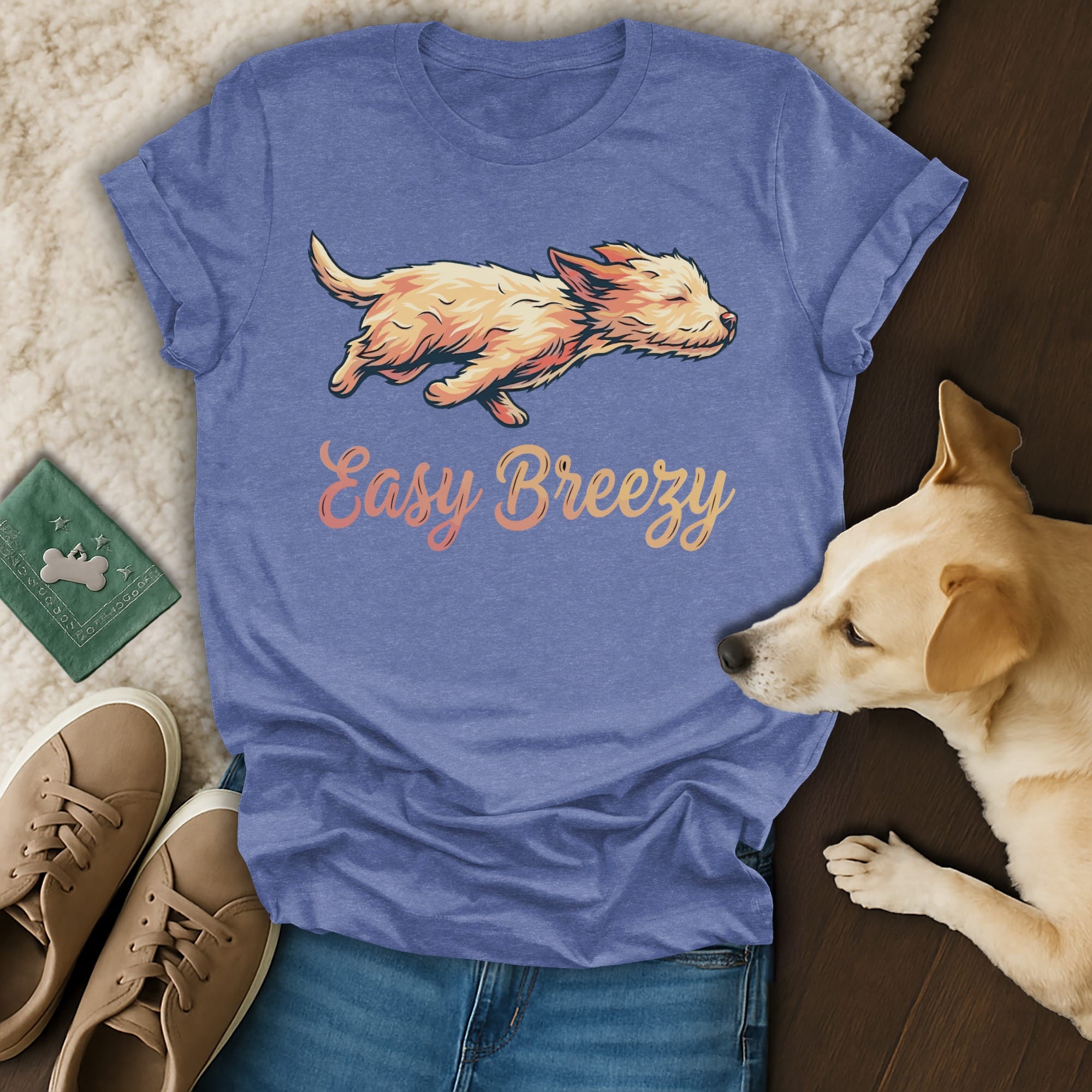 Blue t-shirt with "Easy Breezy" text and a dog on a wooden floor.