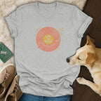 Heather gray V-neck T-shirt featuring a vinyl record graphic with the text "LOVE ON REPEAT".