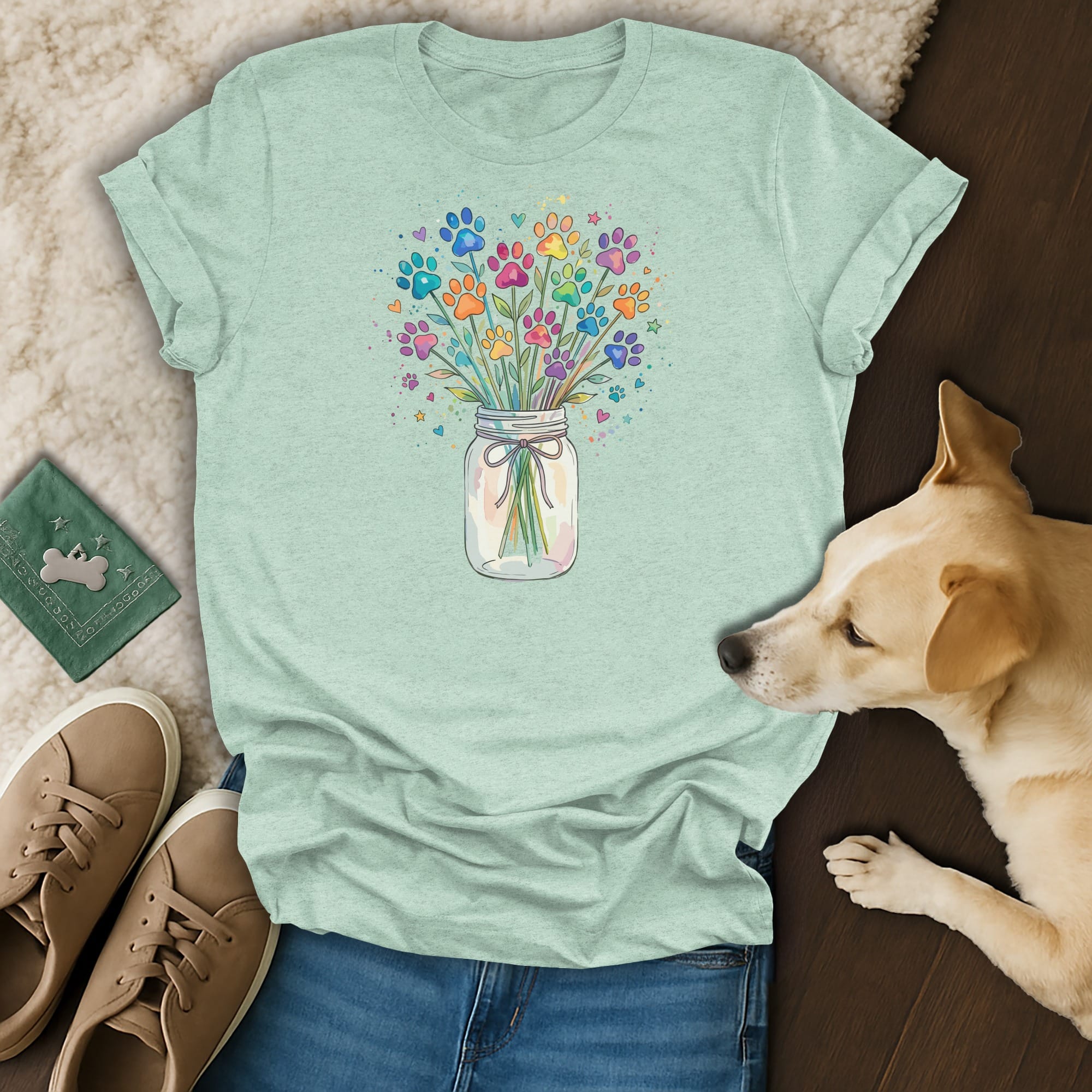 Mint t-shirt with watercolor paw print bouquet in a jar design.