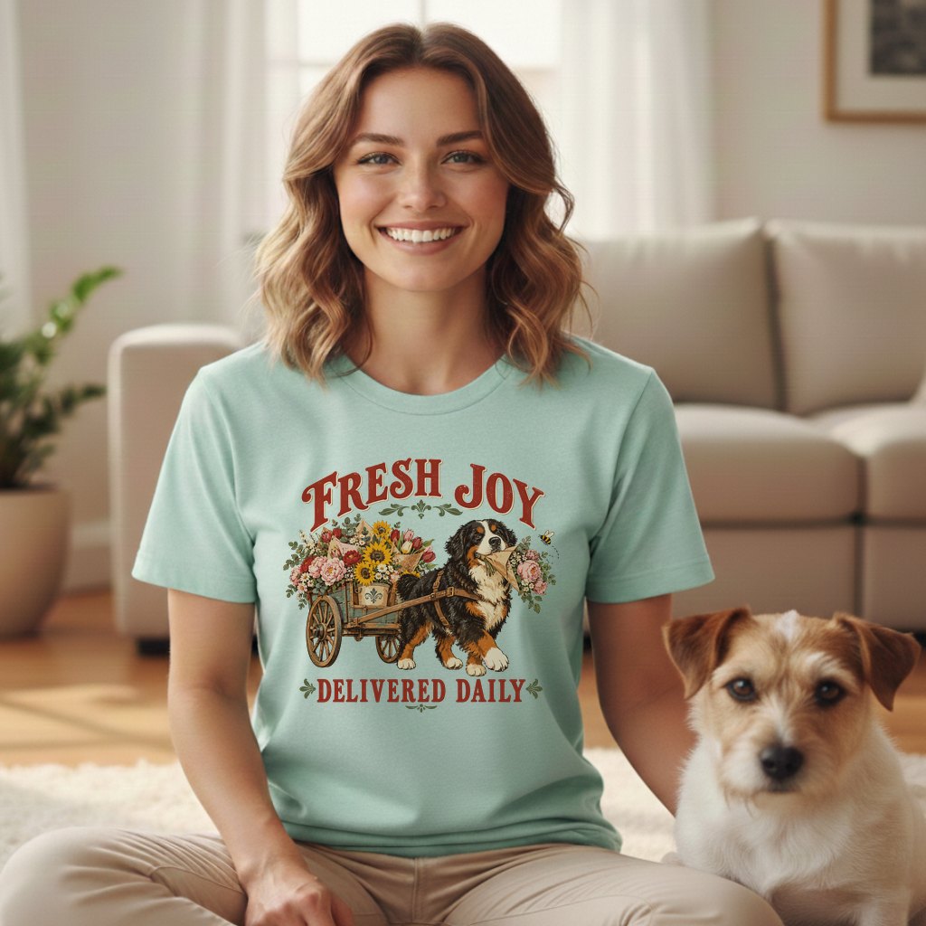 A smiling woman wearing a light green t-shirt with a Bernese Mountain Dog graphic and text reading Fresh Joy Delivered Daily sits next to a Jack Russell Terrier.
