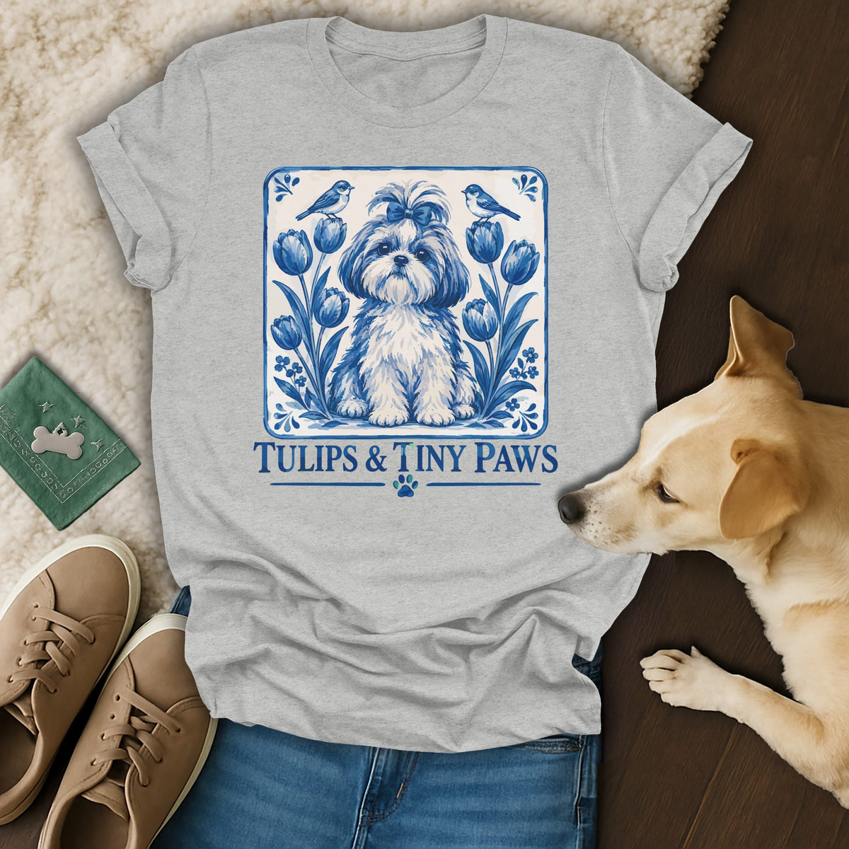 Heather gray t-shirt featuring blue porcelain-style tulip and dog graphic, with text Tulips & Tiny Paws.