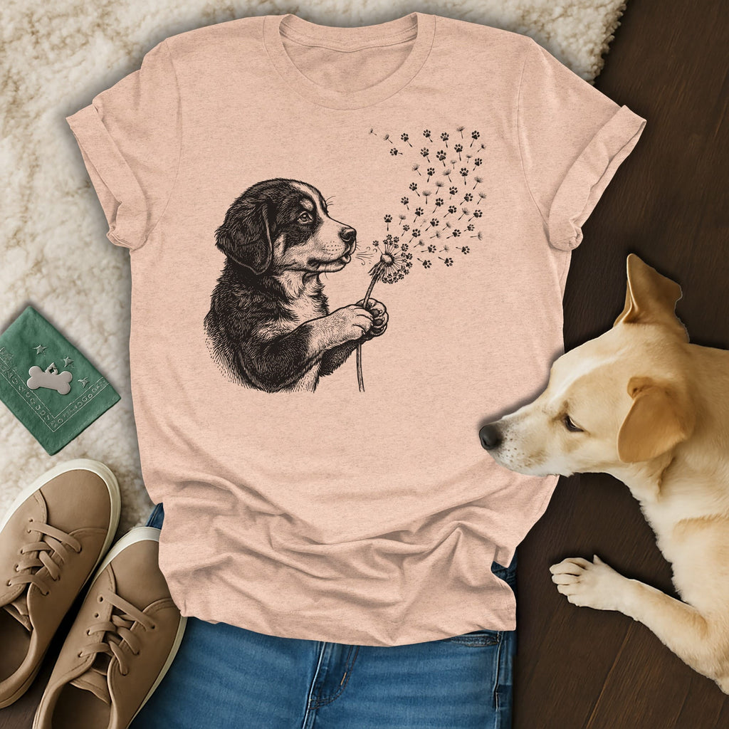 Black and white dog blowing dandelion seeds with paw prints.