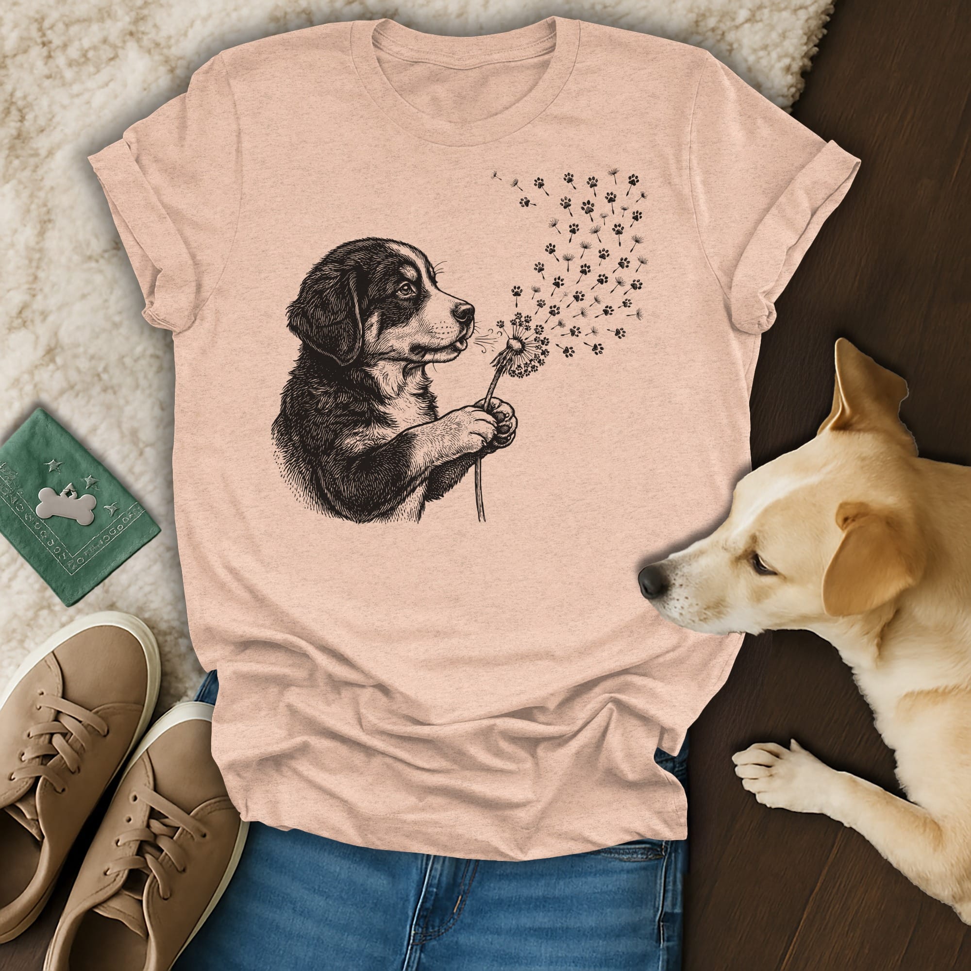 Black and white dog blowing dandelion seeds with paw prints.
