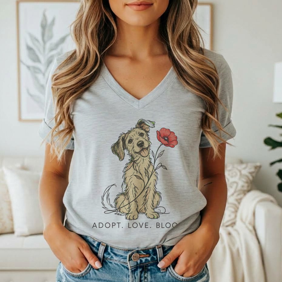 A woman wearing a grey V-neck t-shirt featuring a cartoon dog holding a red poppy flower and the text ADOPT. LOVE. BLOOM.