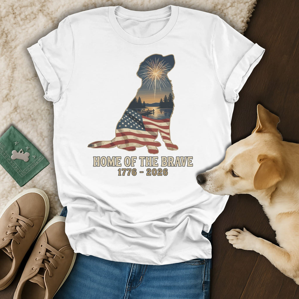 White t-shirt with dog silhouette filled with American flag and patriotic landscape.