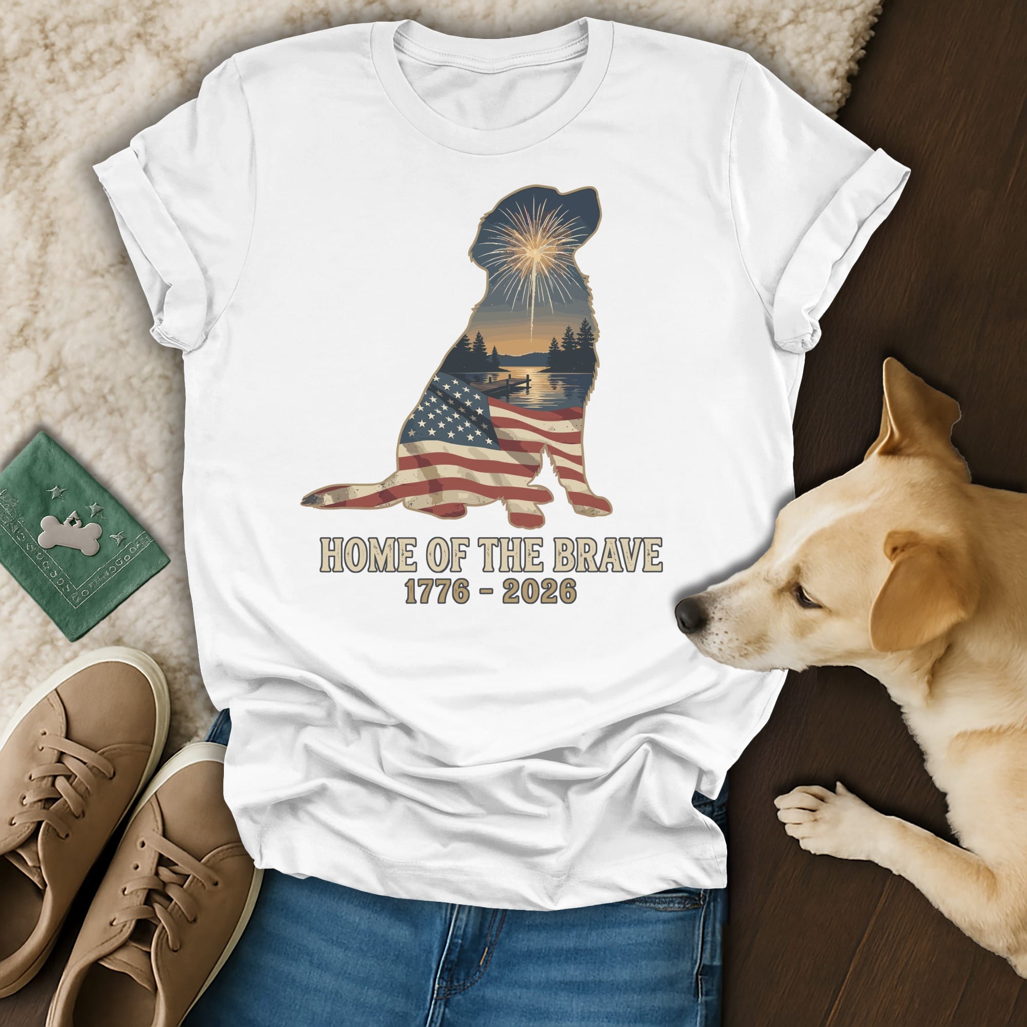 White t-shirt with dog silhouette filled with American flag and patriotic landscape.