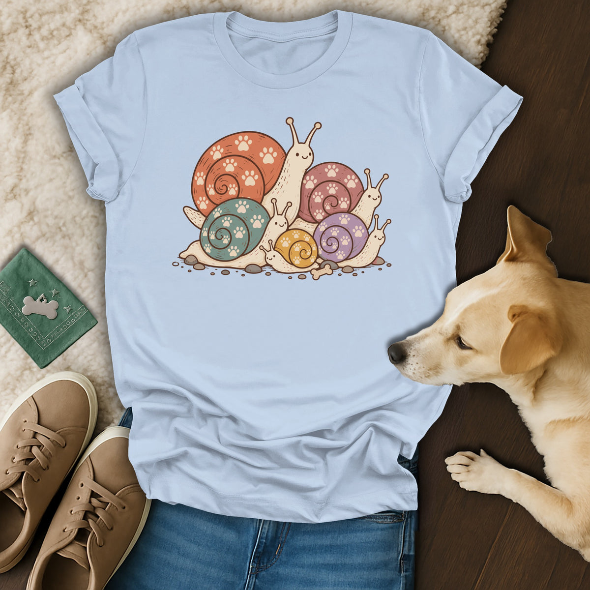 Light blue t-shirt featuring a cartoon snail family graphic, placed on a surface with shoes and a dog.