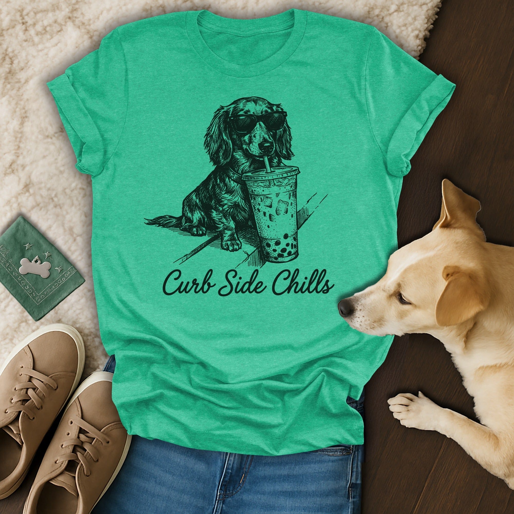 Dachshund Sunglasses Boba Tea Curb Side Chills product type
Dachshund, Dog, Puppy, Canine, Sunglasses, Boba Tea, Bubble Tea, Drink, Beverage, Curb Side Chills, Green Shirt, Teal Shirt, Animal Lover, Pet Lover, Wiener Dog, Sausage Dog, Cool Design, Summer Style, T-shirt, Graphic Tee