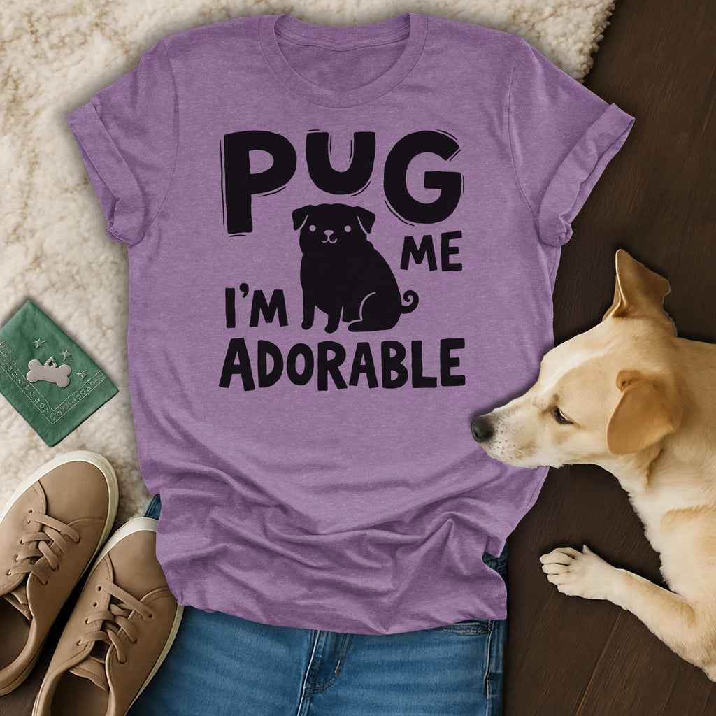 Purple t-shirt with "PUG I'M ME ADORABLE" text and pug graphic.