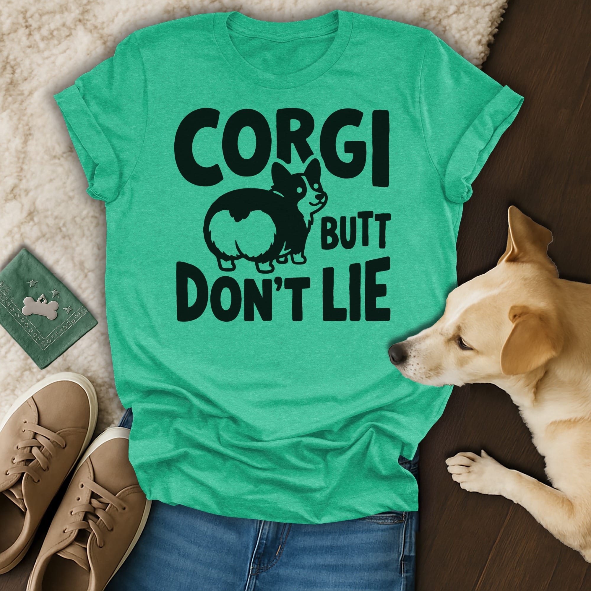 Green t-shirt with "CORGI BUTT DON'T LIE" text and corgi graphic.