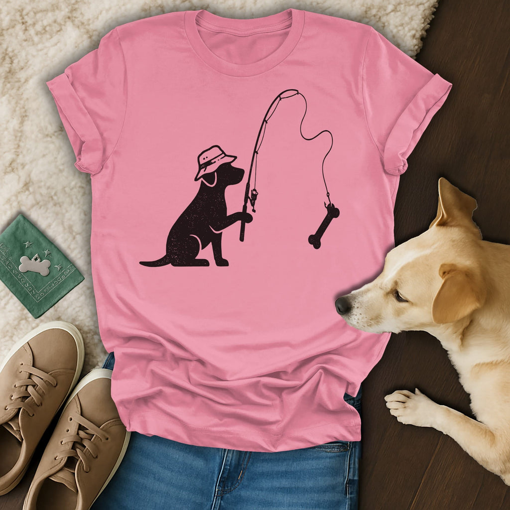 Black silhouette of a dog with a hat fishing for a bone.