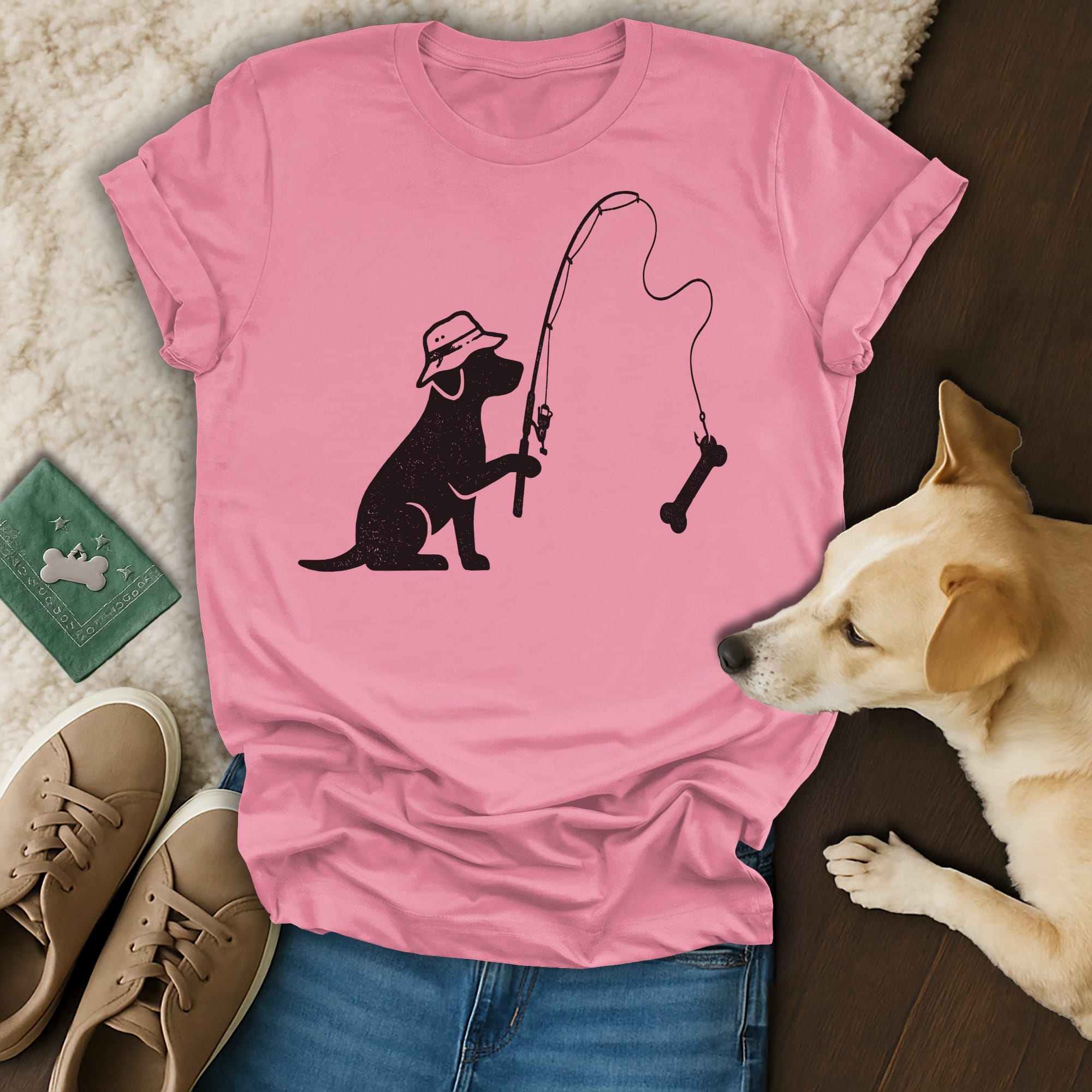 Black silhouette of a dog with a hat fishing for a bone.