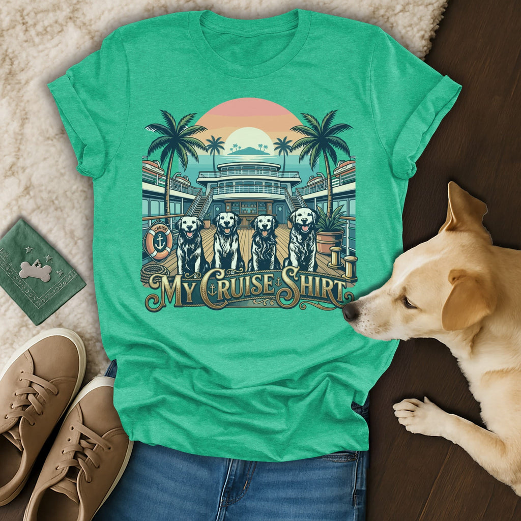 Four dogs stand on a cruise ship deck with palm trees and a sunset.