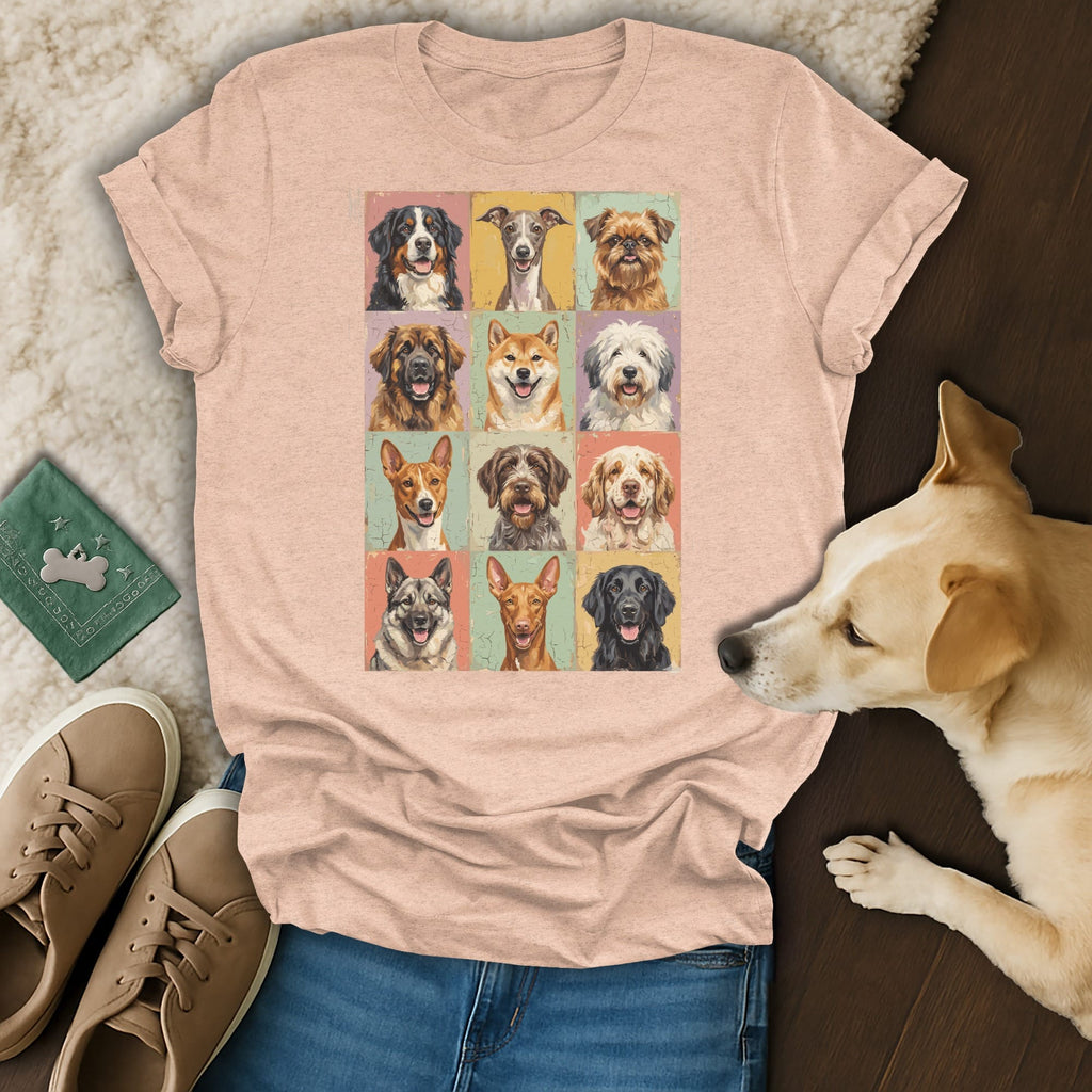 T-shirt with a grid of twelve dog portraits in a colorful, vintage style.
