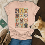 T-shirt with a grid of twelve dog portraits in a colorful, vintage style.