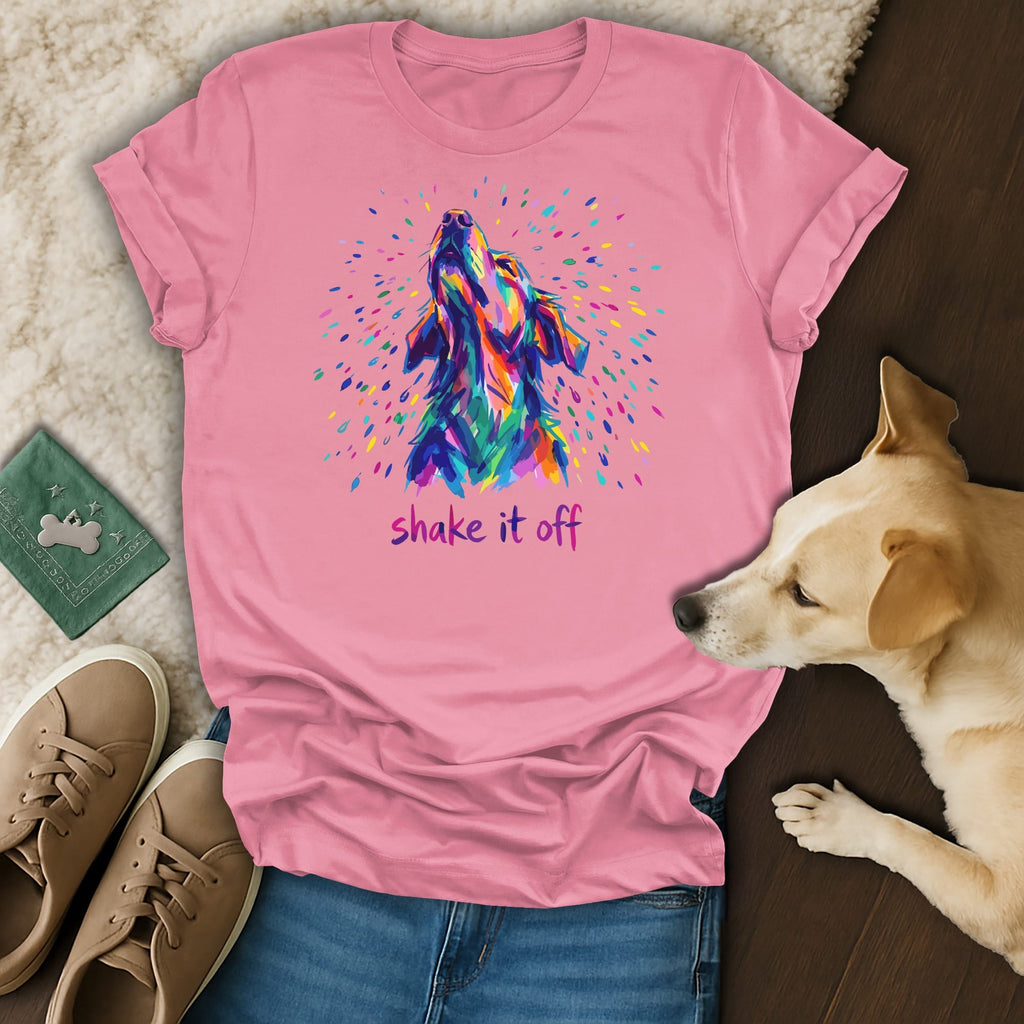 Pink t-shirt with colorful dog head and "shake it off" text.