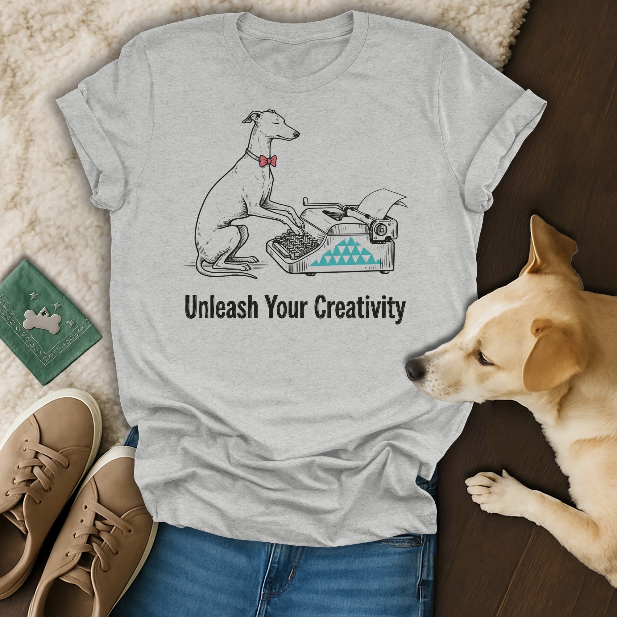 T-shirt with a dog wearing a bowtie typing on a typewriter, text "Unleash Your Creativity".