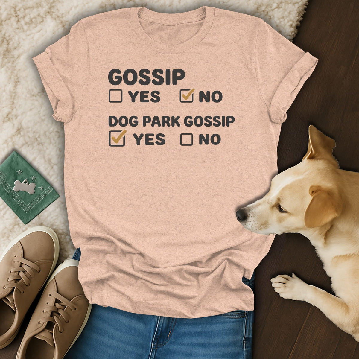 Peach t-shirt with text "GOSSIP YES NO" and "DOG PARK GOSSIP YES NO".