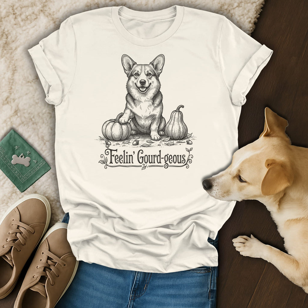 White t-shirt with a sketch of a corgi and pumpkins, text "Feelin' Gourd-geous".