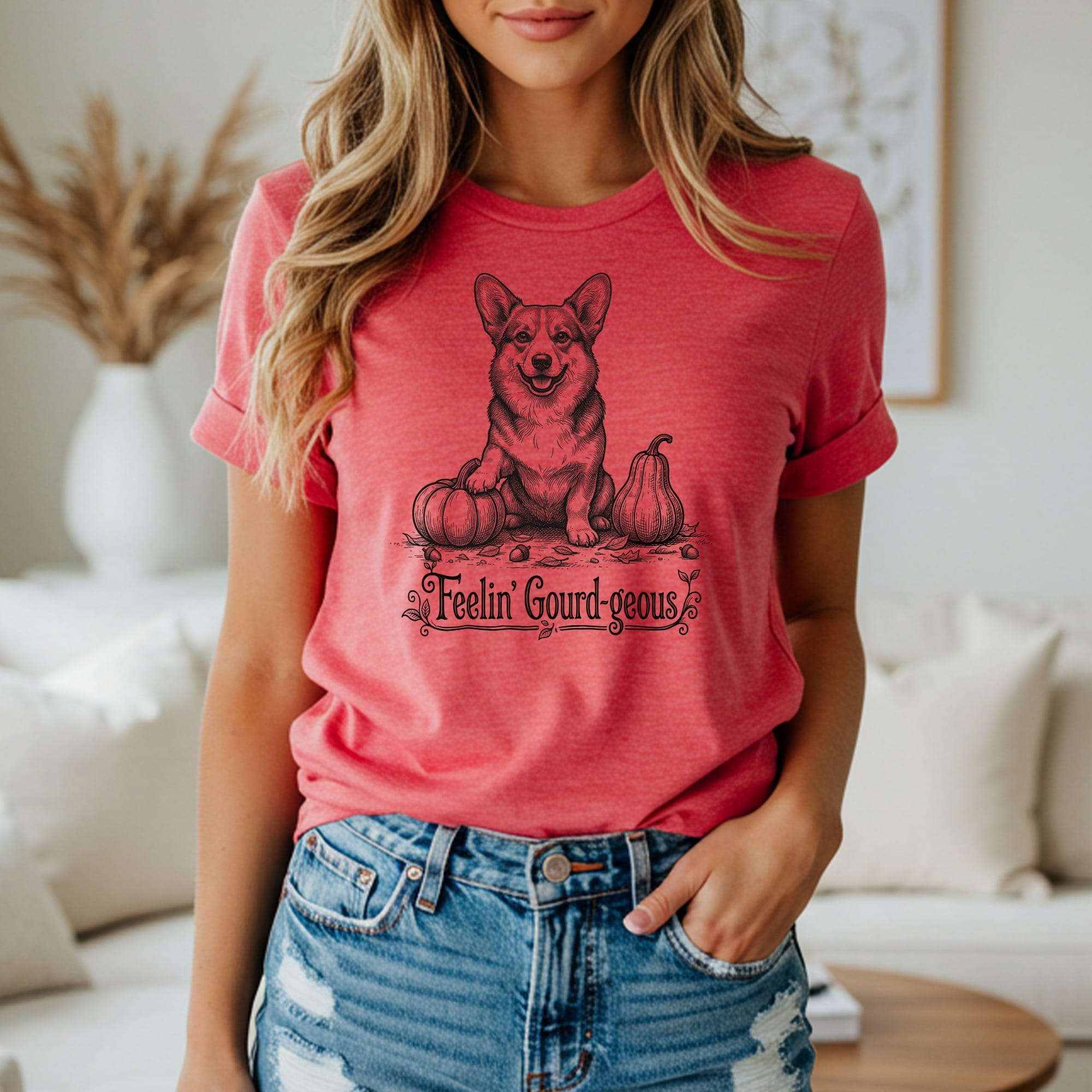 Corgi with pumpkins and "Feelin' Gourd-geous" text on a coral t-shirt.