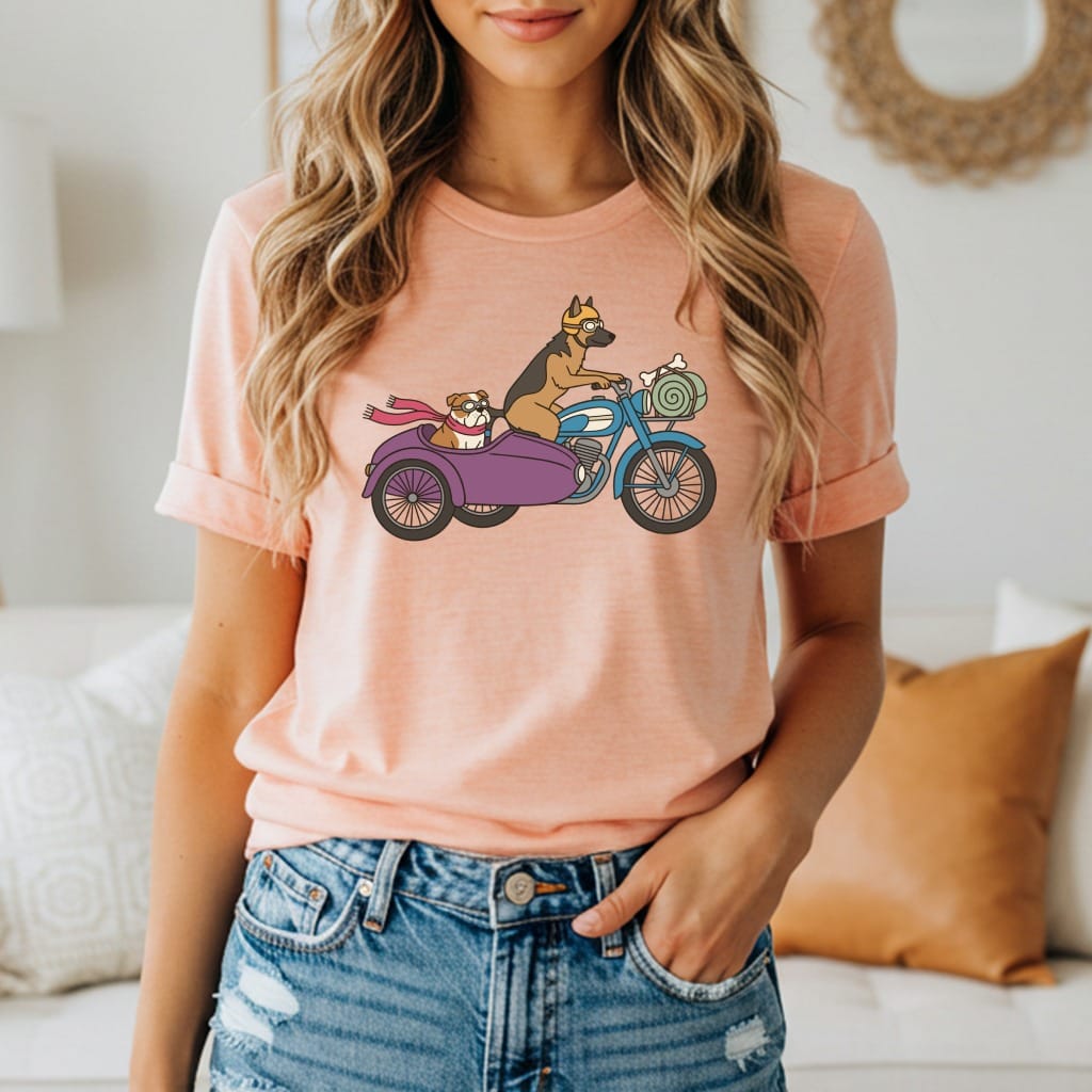 German Shepherd rides motorcycle with bulldog in purple sidecar.