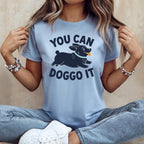 Light blue t-shirt with "YOU CAN DOGGO IT" text and cartoon dog illustration.