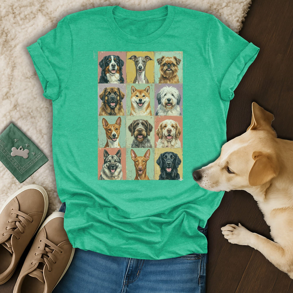 Grid of colorful dog portraits on a teal t-shirt with a dog lying nearby.