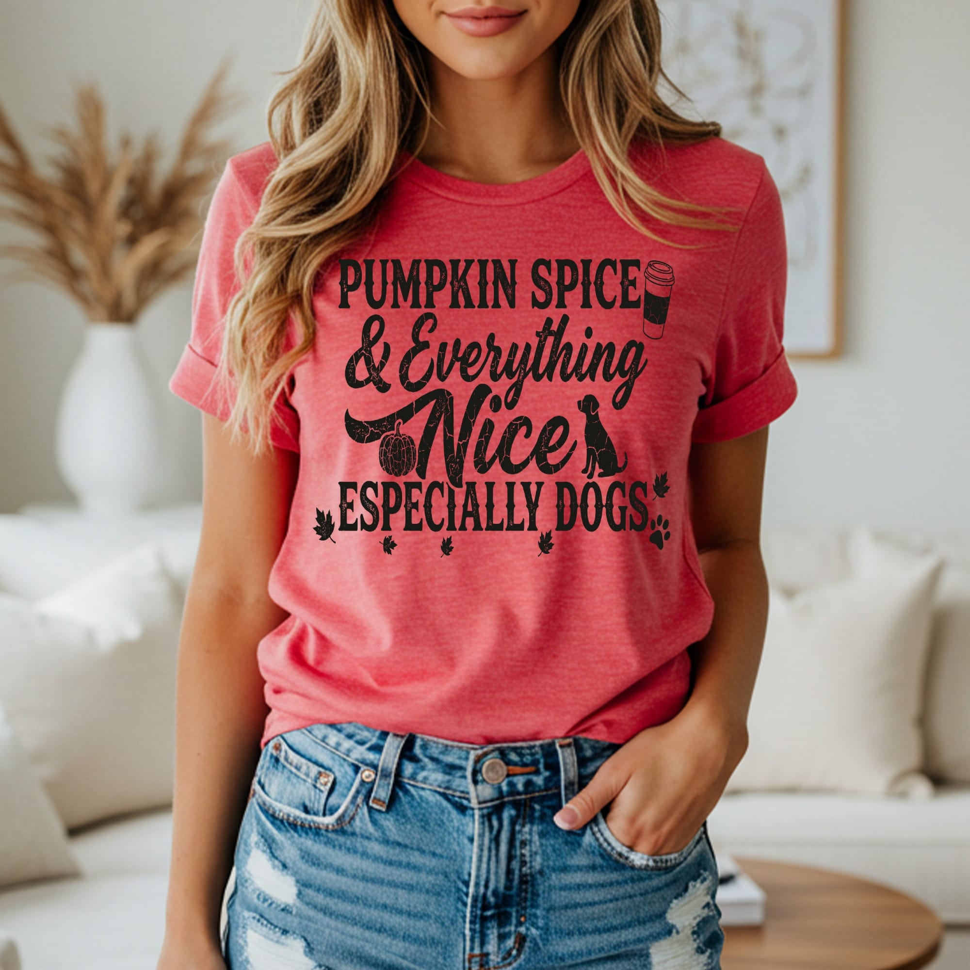 T-shirt with "Pumpkin Spice & Everything Nice Especially Dogs" text and dog silhouette.