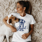 Joyful Graphic Design on White Unisex Apparel