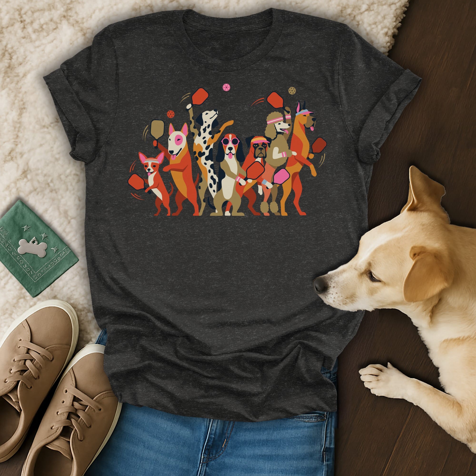 Dark t-shirt with a cartoon graphic of dogs playing pickleball.