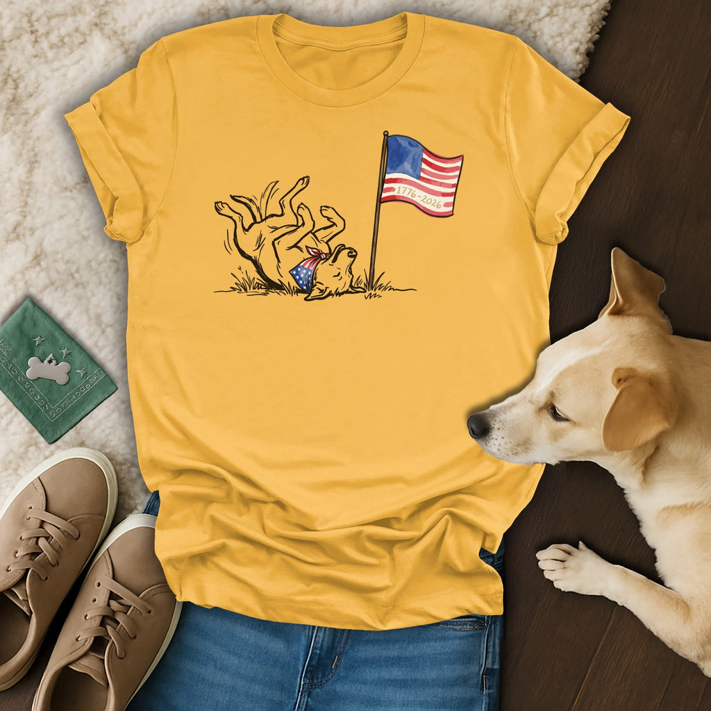 Yellow t-shirt with dog and flag graphic, text 1776-2026.