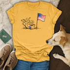 Yellow t-shirt with dog and flag graphic, text 1776-2026.