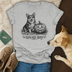 Grey t-shirt with black line art of a corgi and jack-o'-lantern, text reads "Gourd Boy".