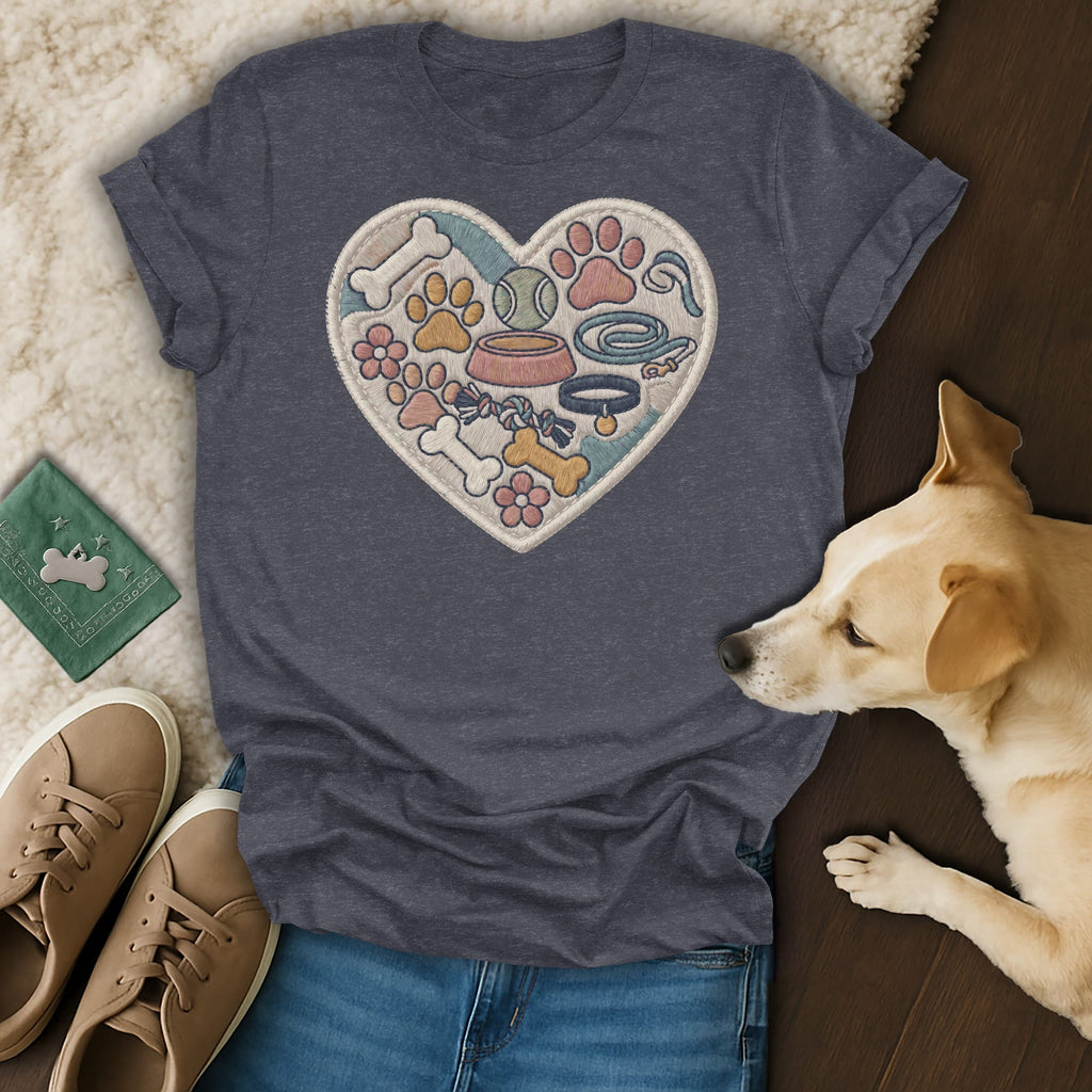 Dark grey t-shirt with embroidered heart of dog toys, paws, and bones.