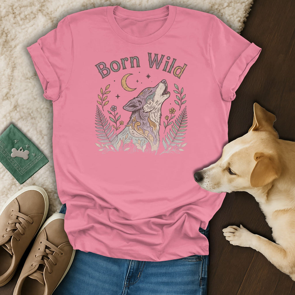 Pink t-shirt with "Born Wild" text, howling wolf, moon, and floral design.