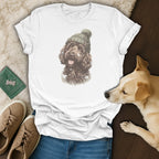 White t-shirt with distressed print of a brown dog wearing a knitted beanie.