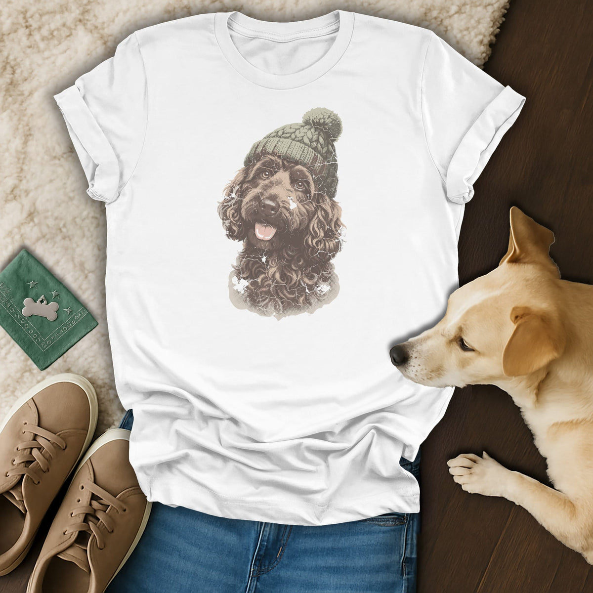 White t-shirt with distressed print of a brown dog wearing a knitted beanie.