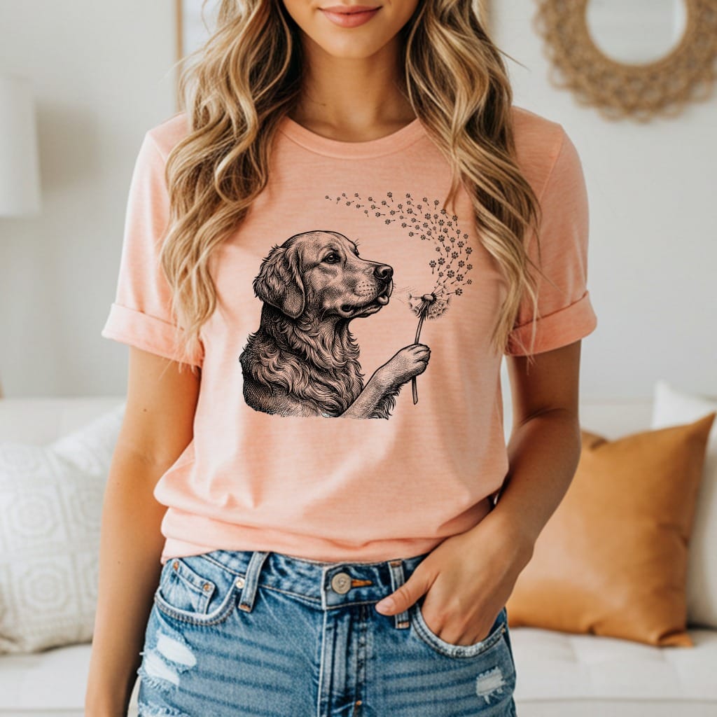 Golden Retriever puppy blowing dandelion seeds in a sketch-style graphic on a peach t-shirt.